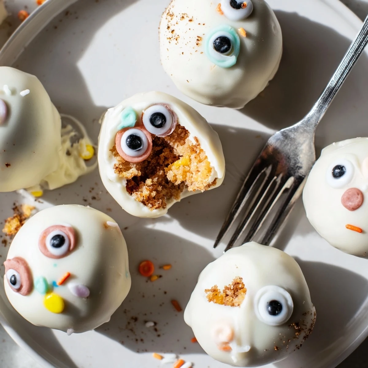 Moist monster-shaped cake balls made from sweet potato, cream cheese, and cinnamon.  