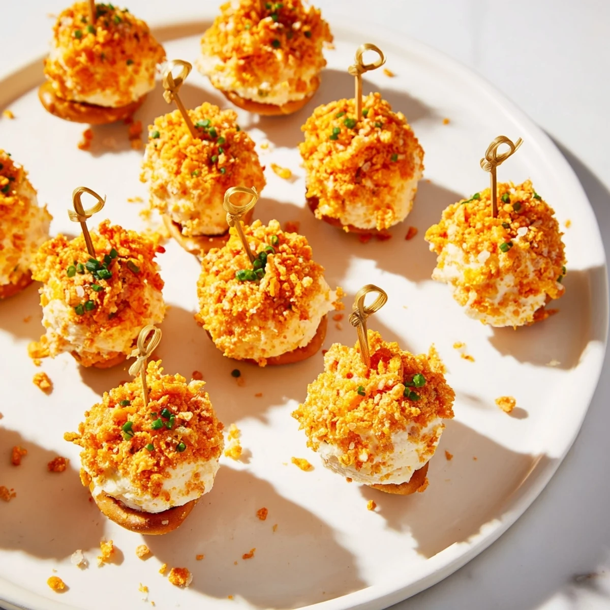 Cream Cheese Flamin Hot Pretzel Biscuit Skewers served on a festive platter, perfect for parties.  