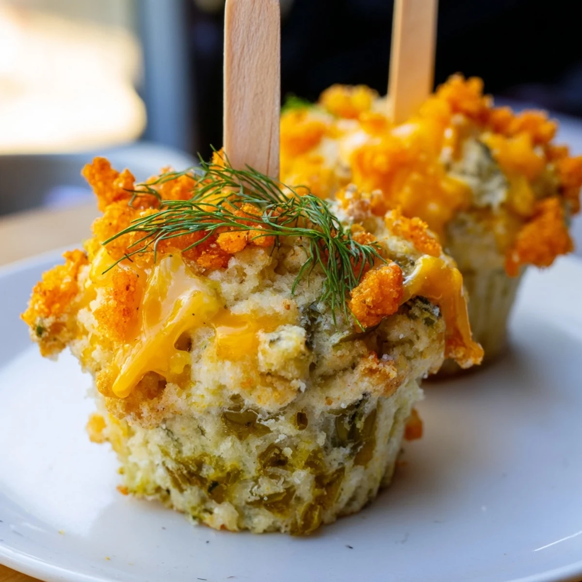 Savory Flamin Hot Dill Pickle Biscuit Muffin Pops on sticks for a delicious snack bite.  