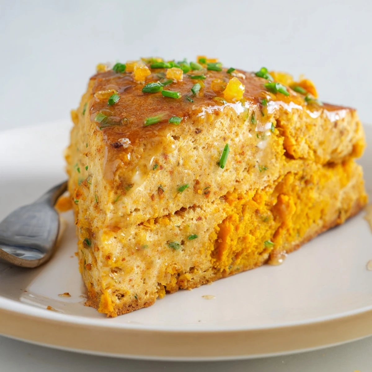 Savory Buffalo Ranch Chai Pumpkin Cake Scones topped with herbs and spicy drizzle.  