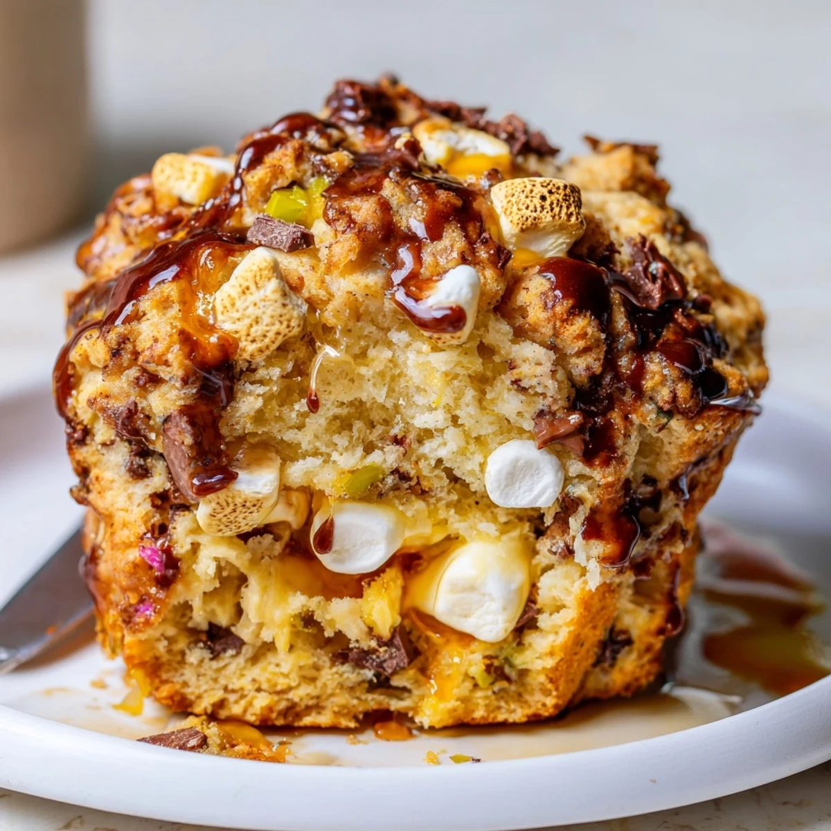 Gooey Smores Cheesy Jalapeño Biscuit Muffin Loaf baking in a golden loaf pan.  