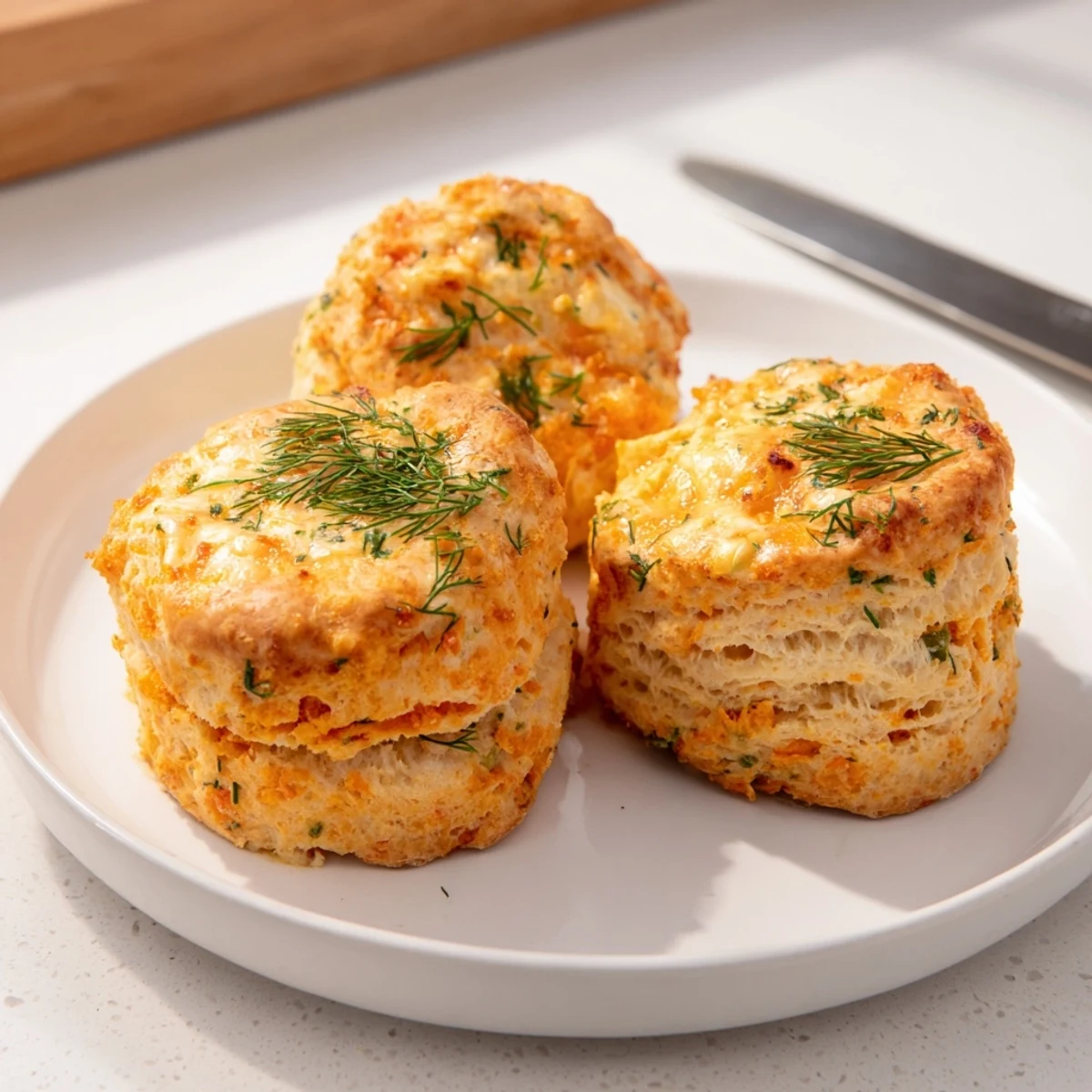 Deliciously soft sweet potato biscuits topped with ranch and dill, a delightful comfort food.