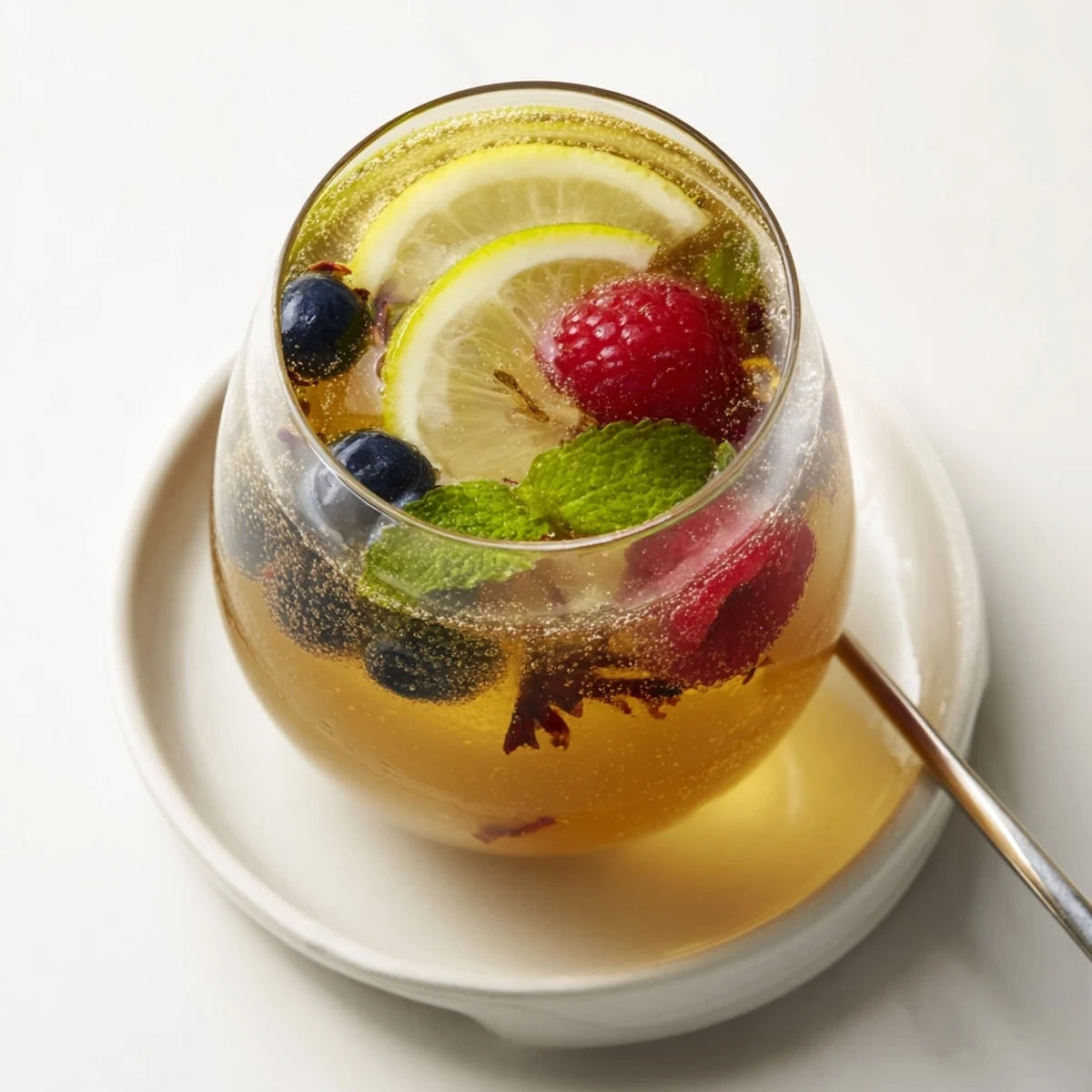 Freshly brewed Kombucha-style home-brew mocktails, bubbling with vibrant berry flavors.  