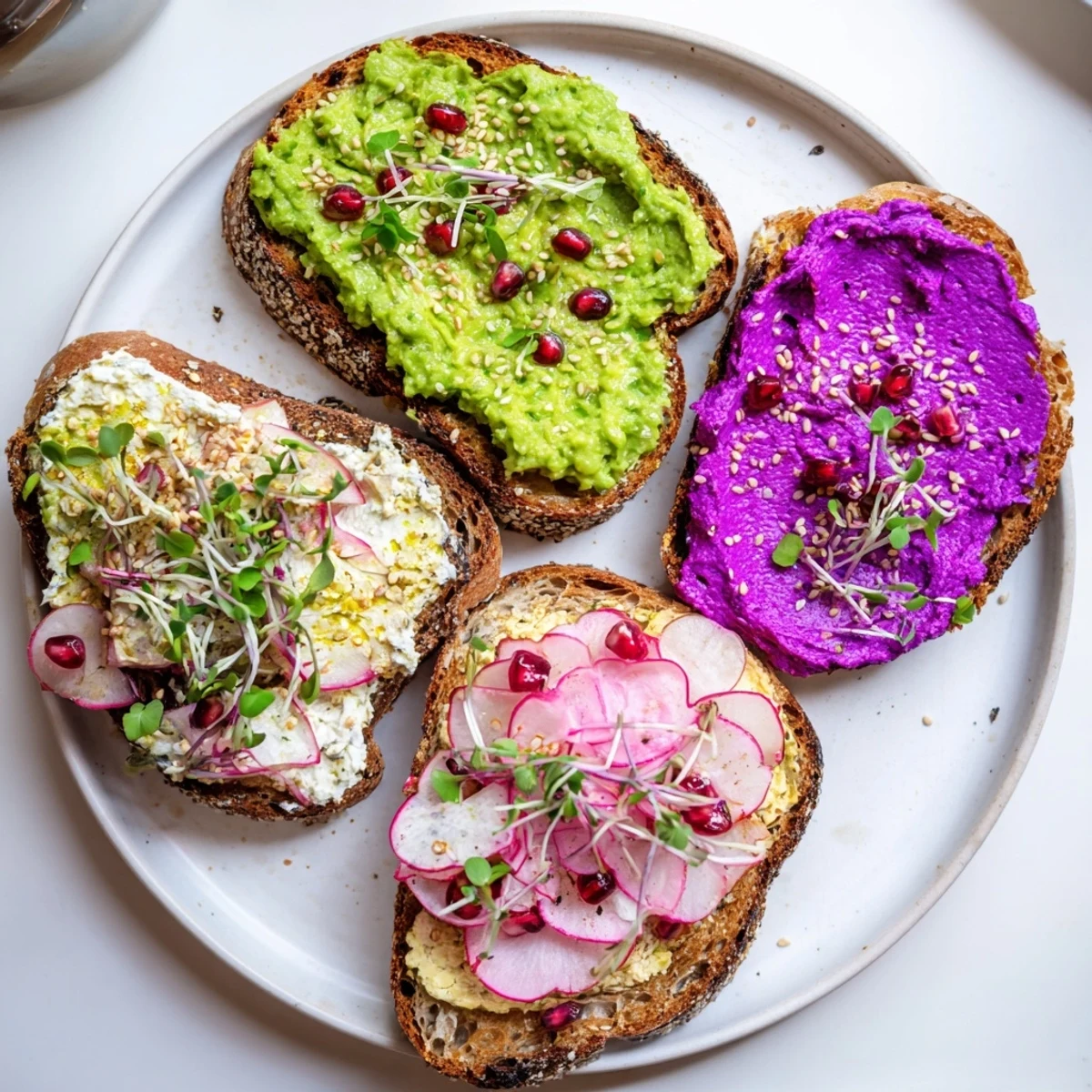 Vibrant bright & bold breakfast toasts with ube, avocado, and fresh garnishes.  