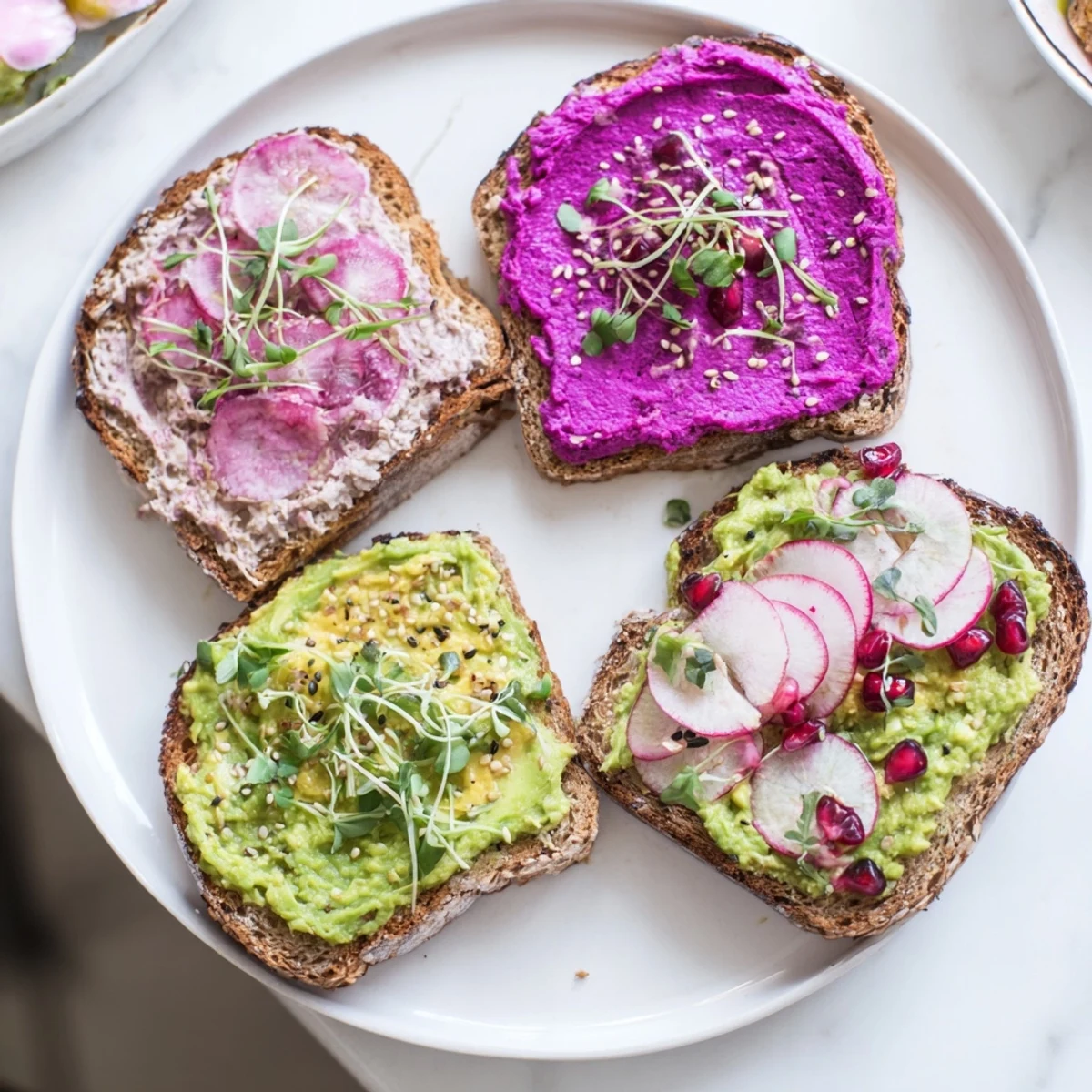 Delicious bright & bold breakfast toasts featuring creamy ube, silky avocado, and pomegranate.