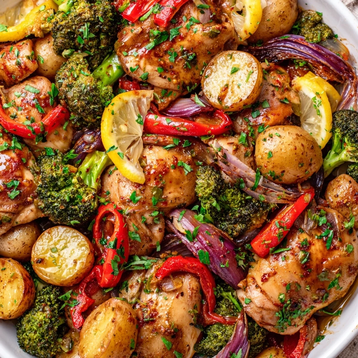 Juicy Lazy Gourmet Chicken & Vegetable One-Pot served with fresh lemon wedges.  