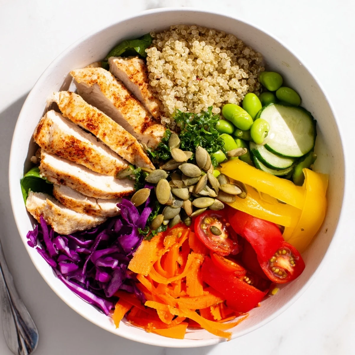 Colorful healthy meal-prep bowls filled with quinoa, vegetables, and grilled chicken.  