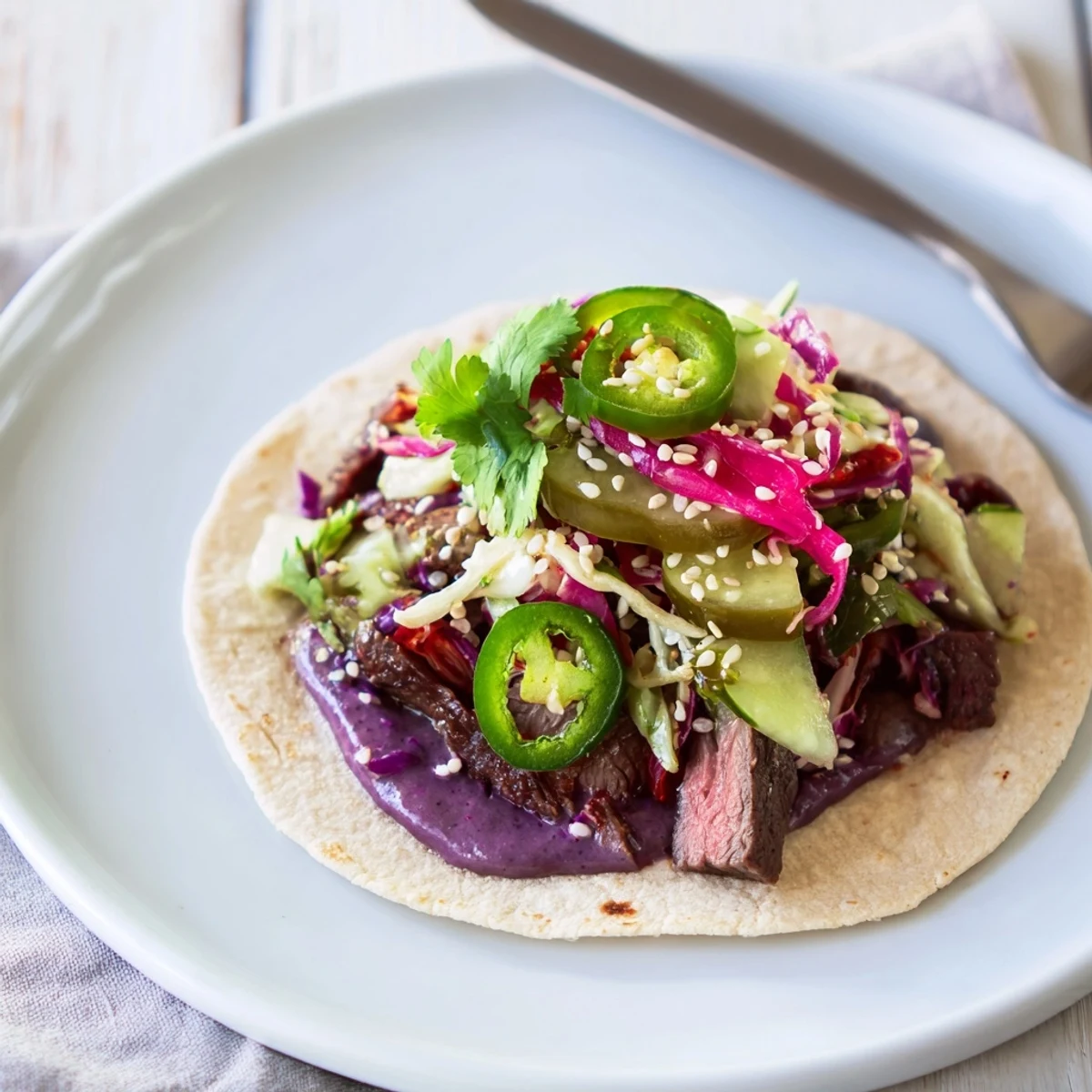 Delicious street-food fusion bowls featuring zesty toppings and vibrant ube sauce.