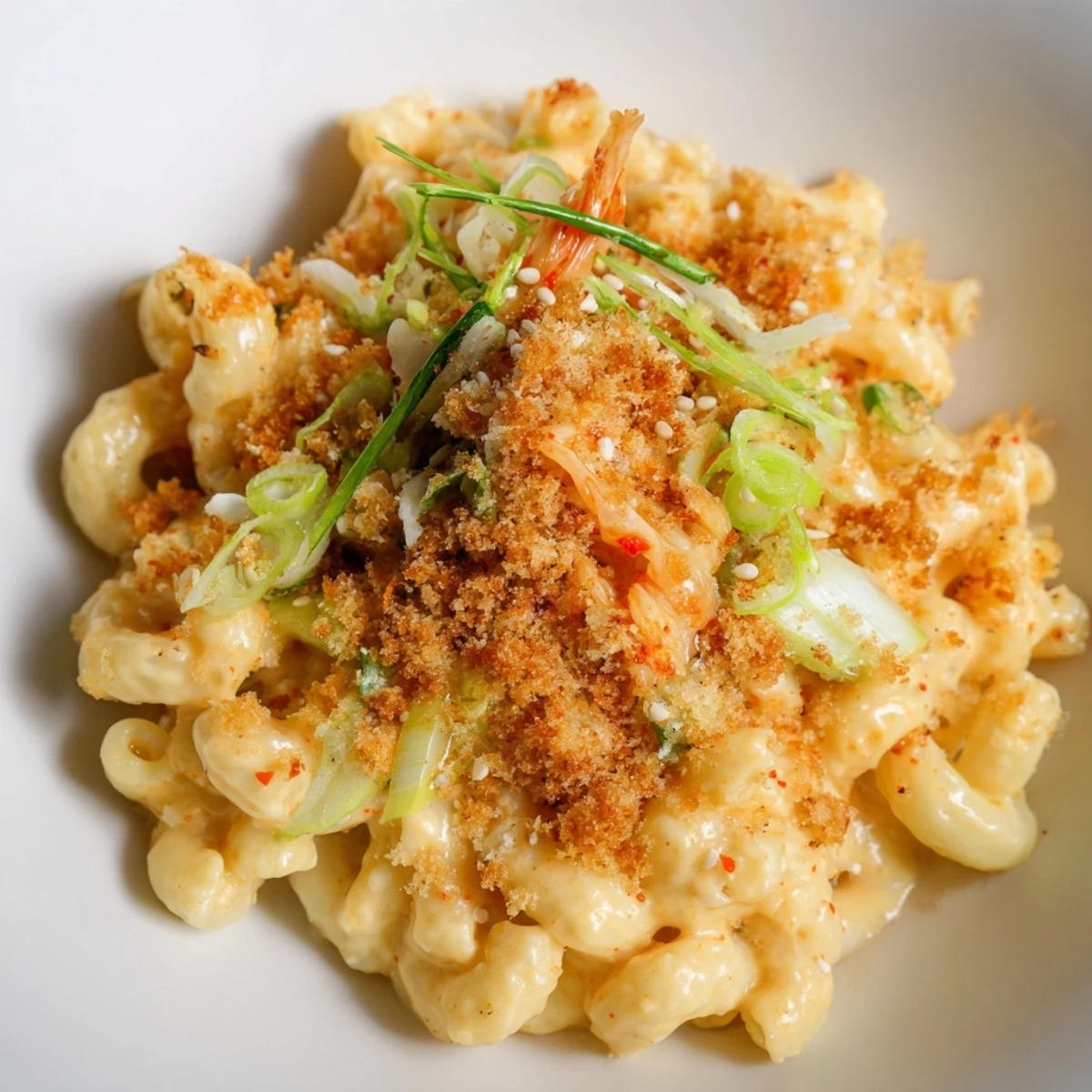Delicious Spicy Kimchi Mac & Cheese, melty cheese and tangy kimchi unite beautifully.