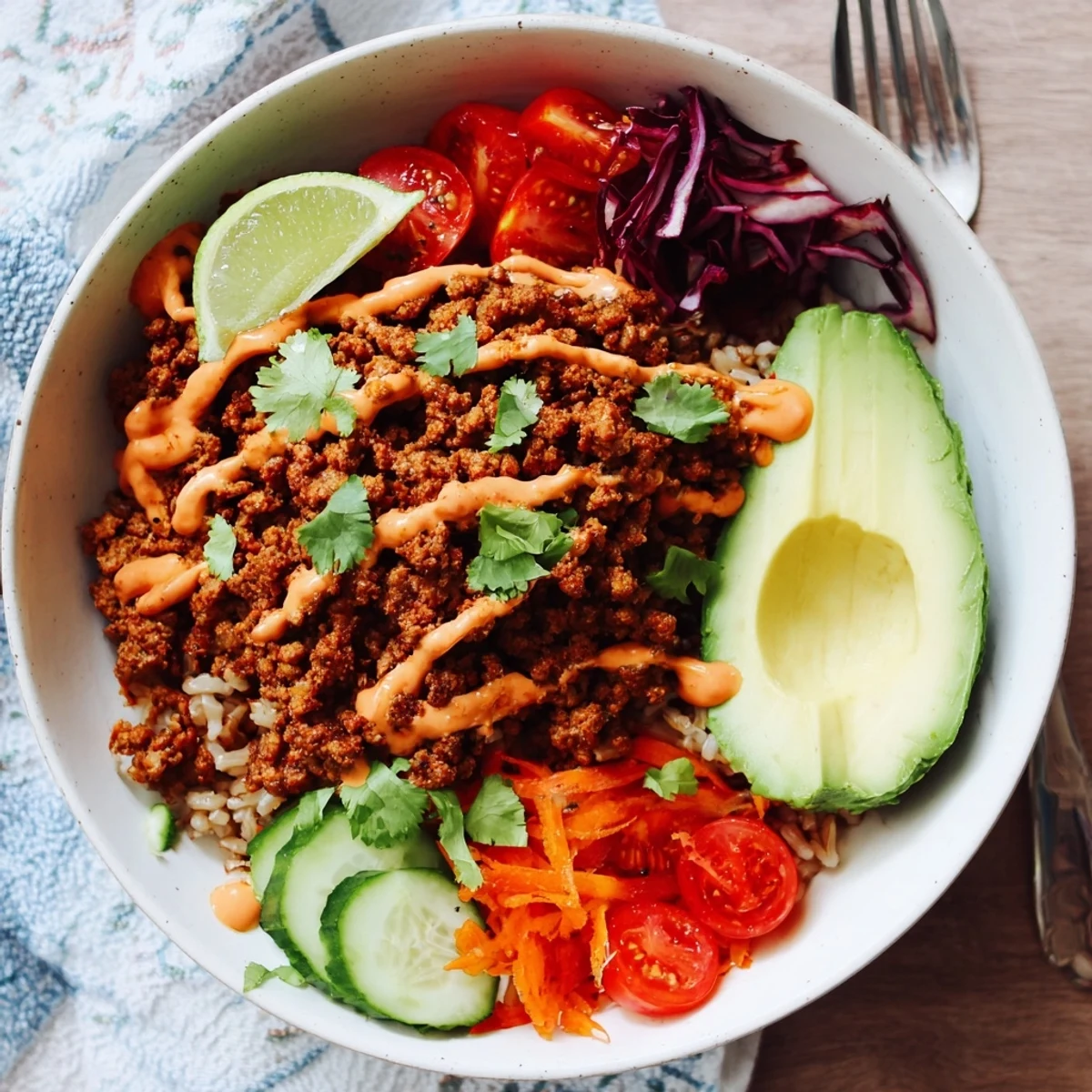 A colorful Plant-Based Meat Bowl topped with fresh veggies and zesty lime wedges.  