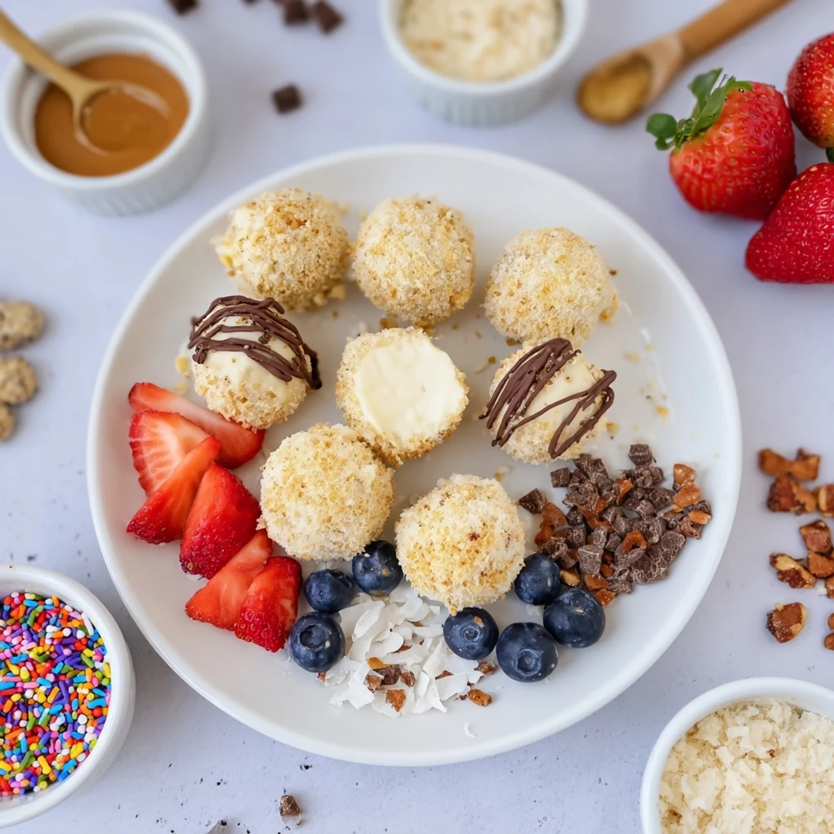 Deconstructed dessert board showcasing creamy cheesecake bites with colorful toppings.  
