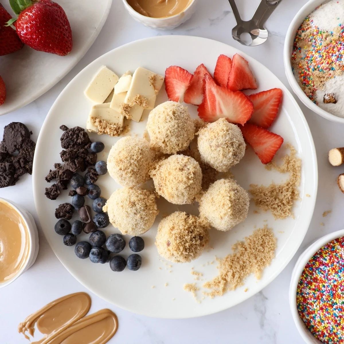 Interactive dessert board with delightful cheesecake bites and an array of sweet toppings.