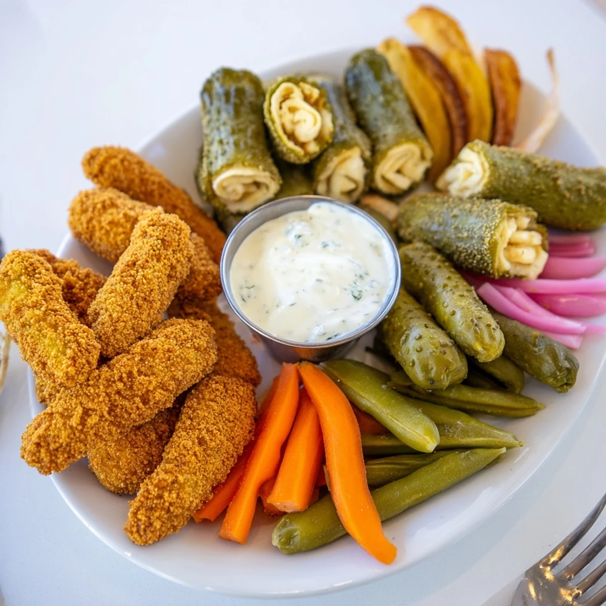 Golden crispy fried pickles served with colorful pickled vegetables and tangy ranch.  
