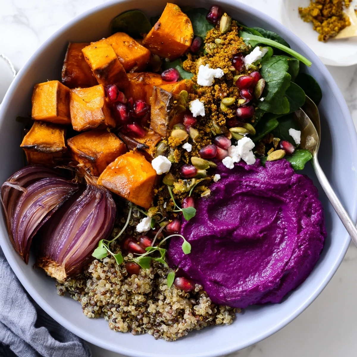 A colorful Spiced Winter Bowl filled with roasted veggies and ube-coconut puree.  