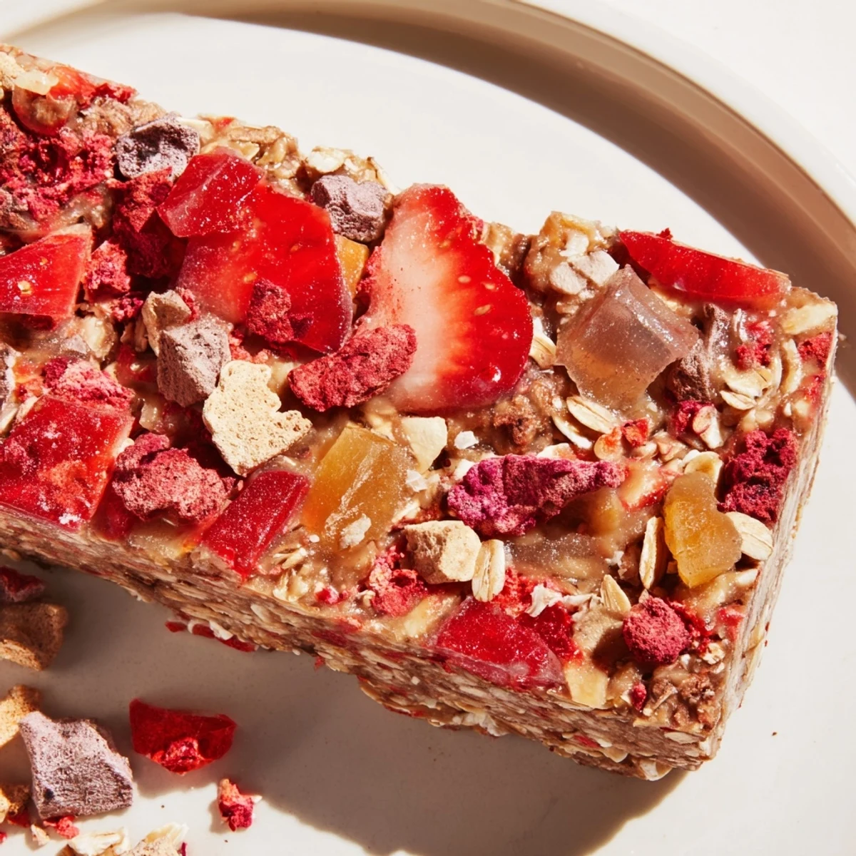 Colorful DIY snack bars topped with chewy gummies and crispy freeze-dried candies.  