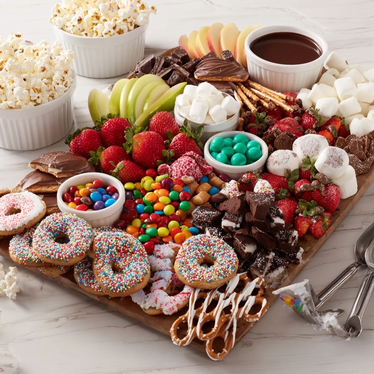 A colorful dessert board with themed snacks, perfect for festive gatherings.  