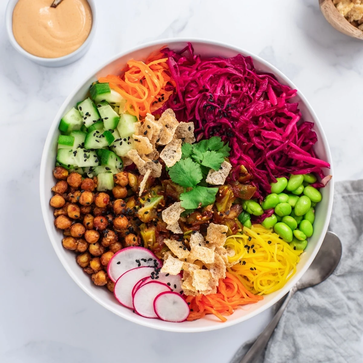 Vibrant ASMR Crunch Snack Bowls filled with fresh veggies and crunchy toppings.  