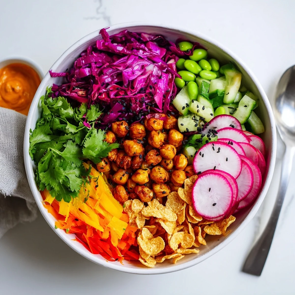 Healthy ASMR Crunch Snack Bowls with edamame and a spicy mayo dip on the side.