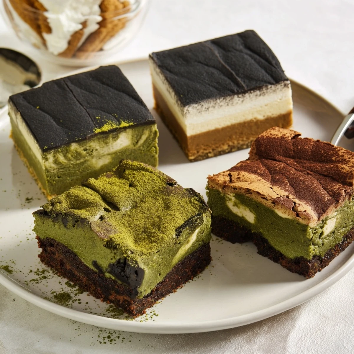 Delicious Global Dessert Mash-Ups feature matcha brownies and black sesame cheesecake bars.  