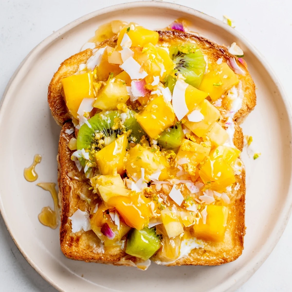 Vibrant Yogurt-Custard Toast topped with tropical fruits for a refreshing breakfast.  