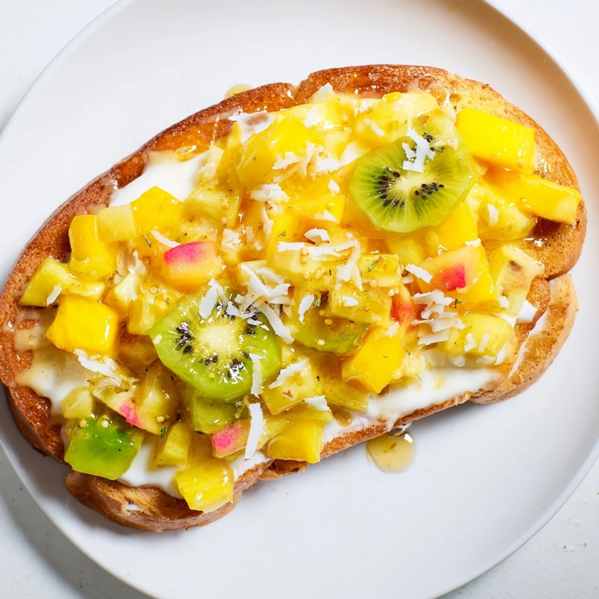 Tasty Yogurt-Custard Toast baked golden, showcasing colorful fruit and coconut zest.