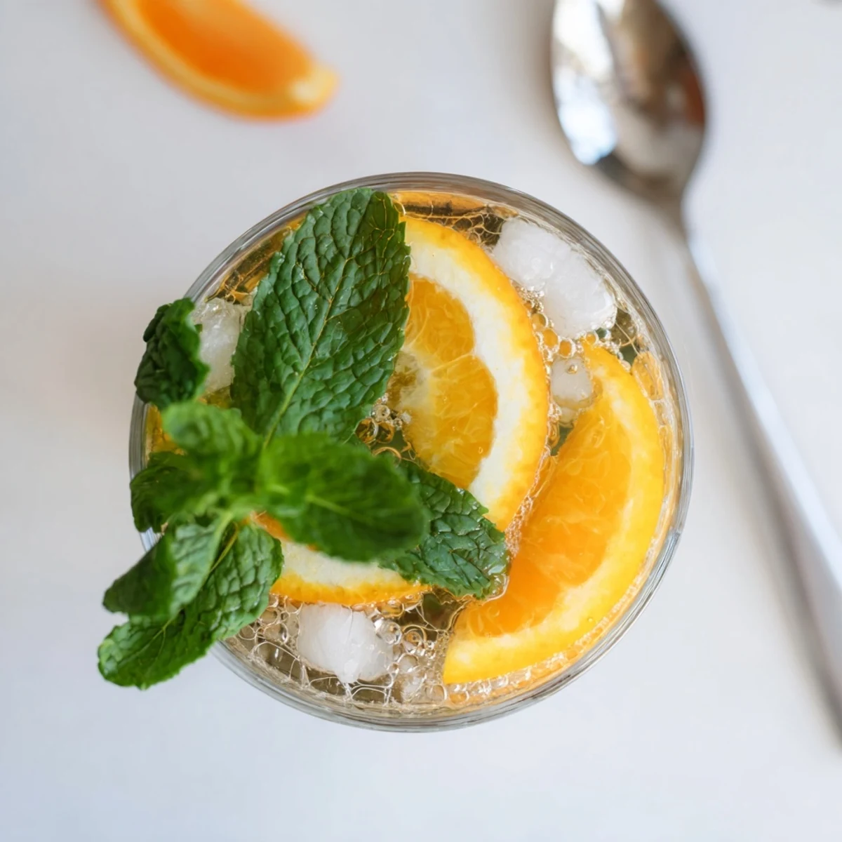 A vibrant probiotic soda mocktail with fresh citrus and mint garnishes.  