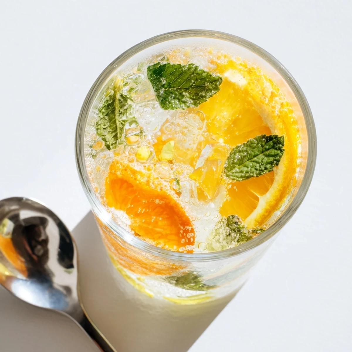 Homemade probiotic soda mocktail served over ice, bursting with citrus flavors.  