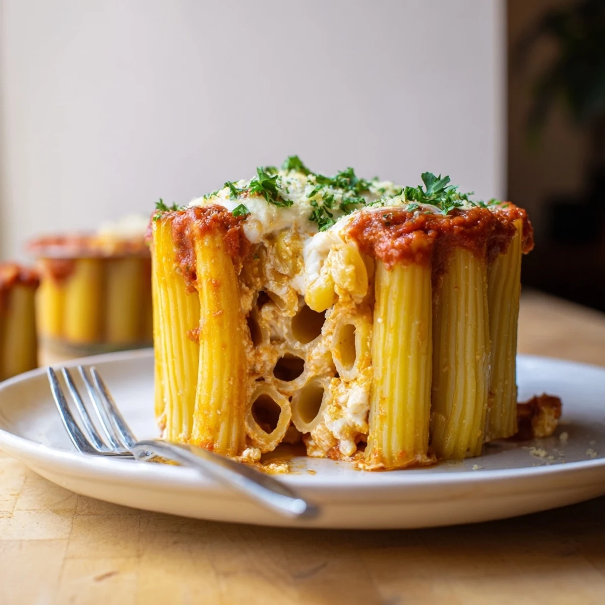 Vibrant honeycomb pasta cake showcasing creamy ricotta and gooey mozzarella in each bite.  