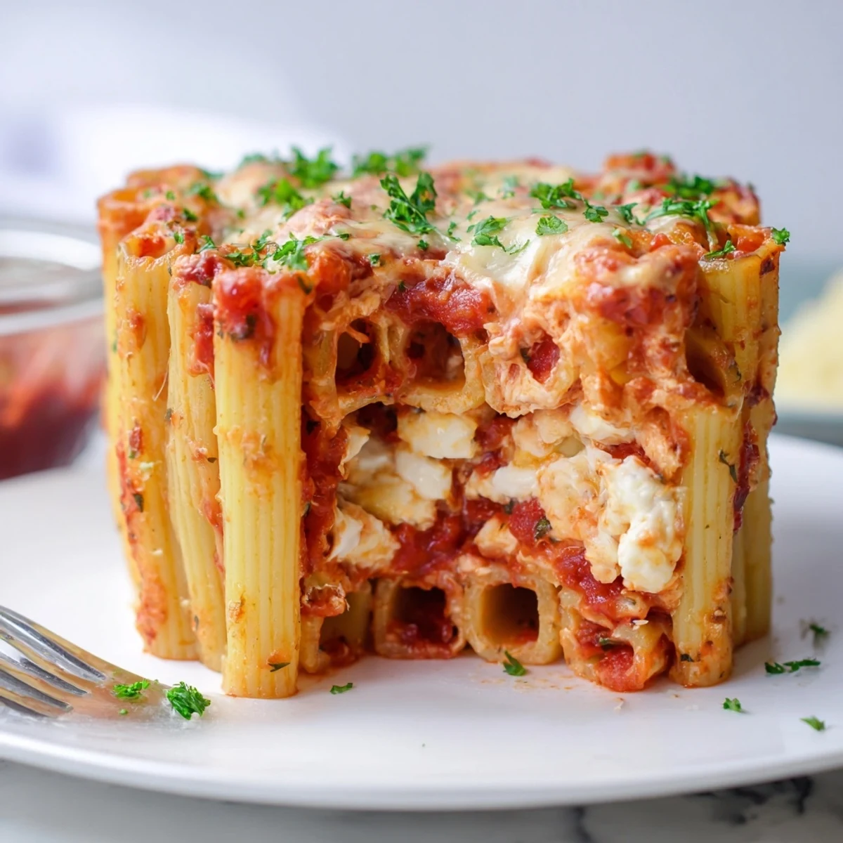Delicious honeycomb pasta cake with upright rigatoni, rich tomato sauce, and melted cheese.  