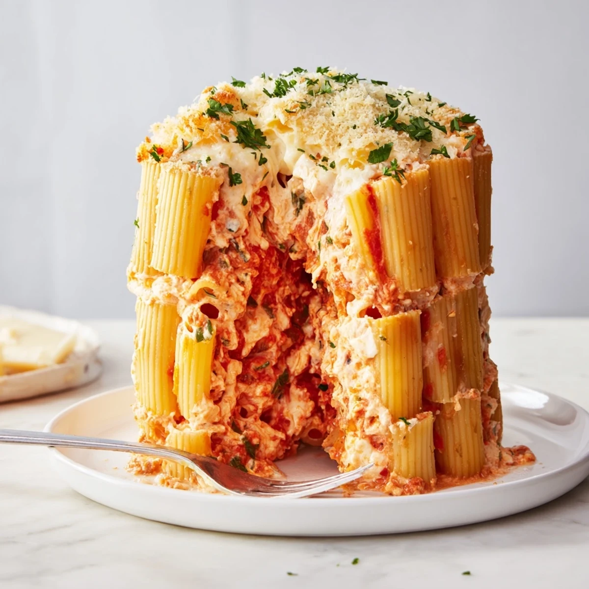 Mouthwatering honeycomb pasta cake, perfectly baked, topped with fresh parsley and Parmesan.