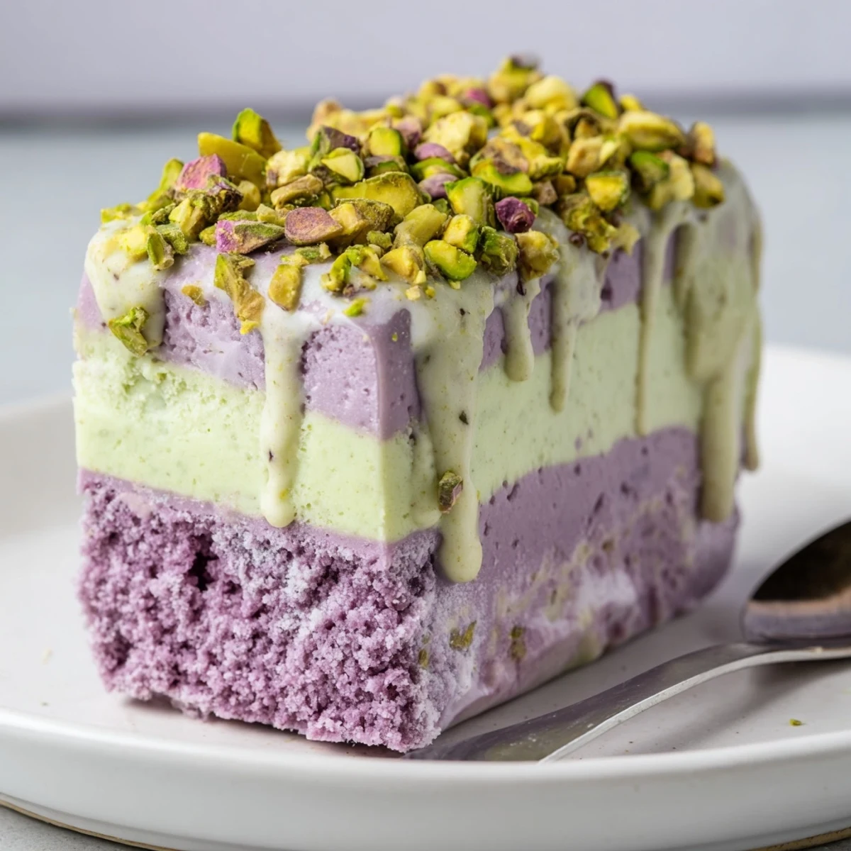 Creamy ube & pistachio ice cream bars topped with pistachios for crunch.  