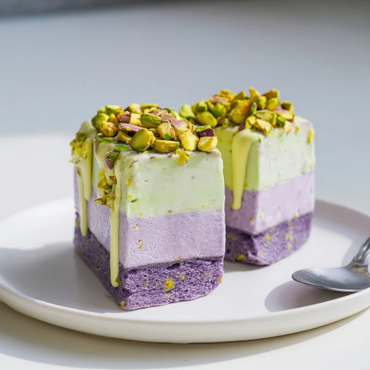 Vibrant ube & pistachio ice cream bars elegantly layered with nutty flavors.