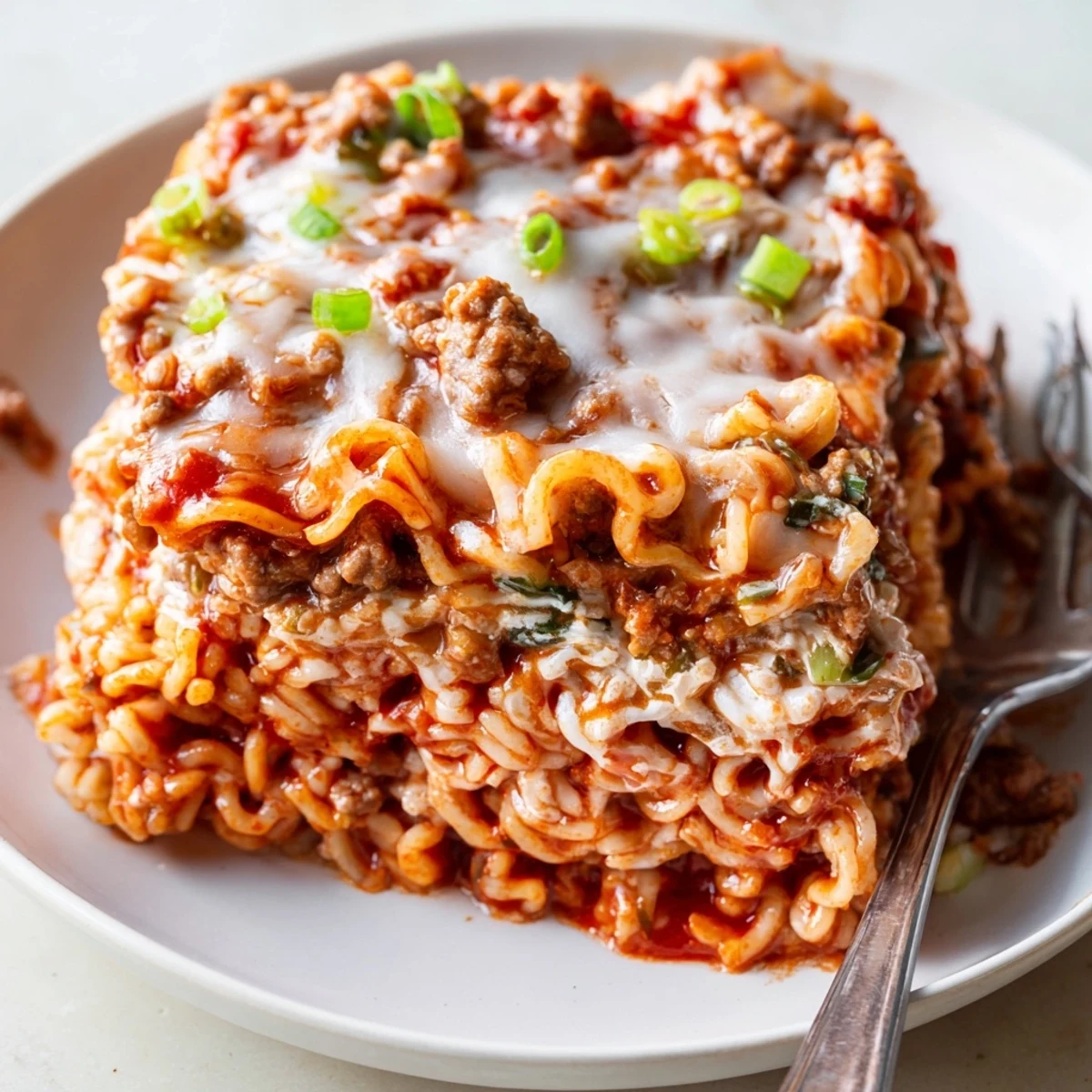 Spicy Ramen Lasagna layered with cheese, pork, and tangy tomato sauce delights the senses.  