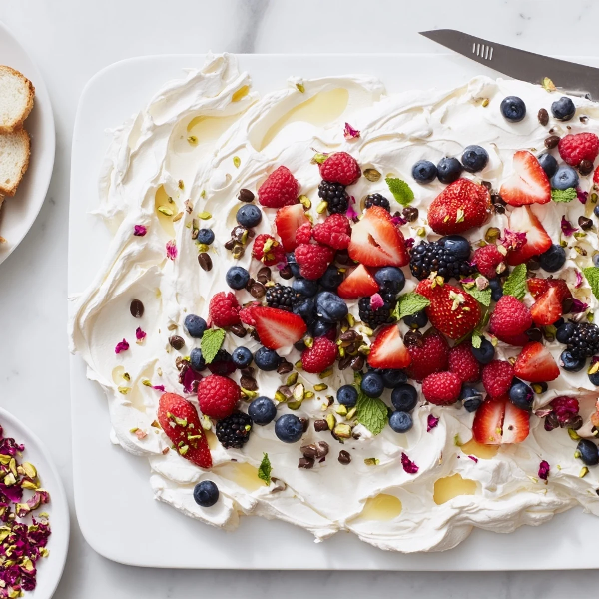 Creamy Butter Board Dessert version topped with vibrant berries and crunchy nuts.