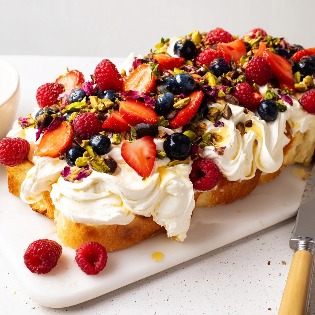 Delectable Butter Board Dessert featuring whipped cream cheese and colorful fresh fruits.