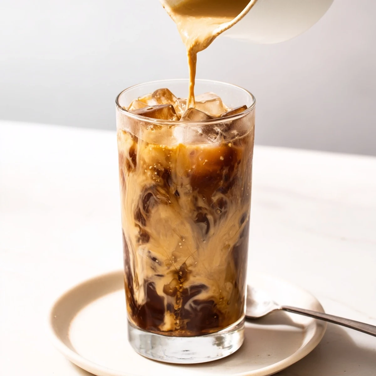 Creamy tahini iced coffee topped with plant-based milk and ice cubes.  