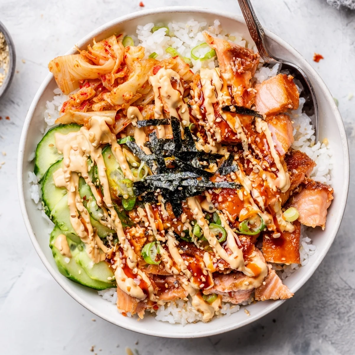 Vibrant salmon rice bowl featuring fluffy rice, crunchy cucumber, and zesty toppings.