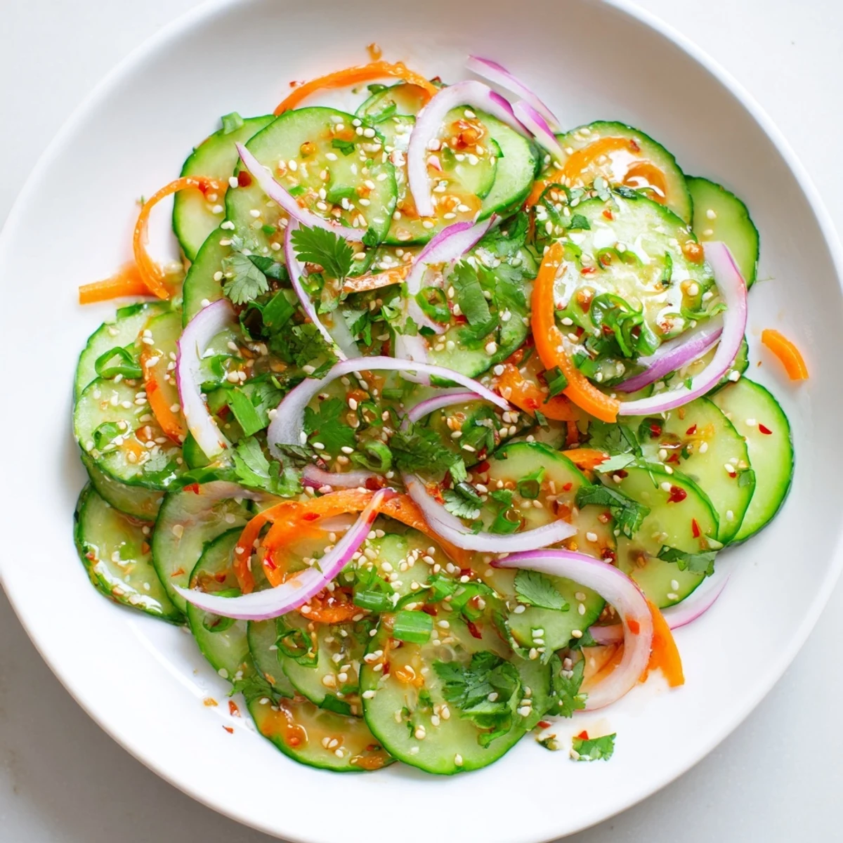 Refreshing Cucumber Salad Remix topped with toasted sesame seeds for a crunchy, tangy bite.  