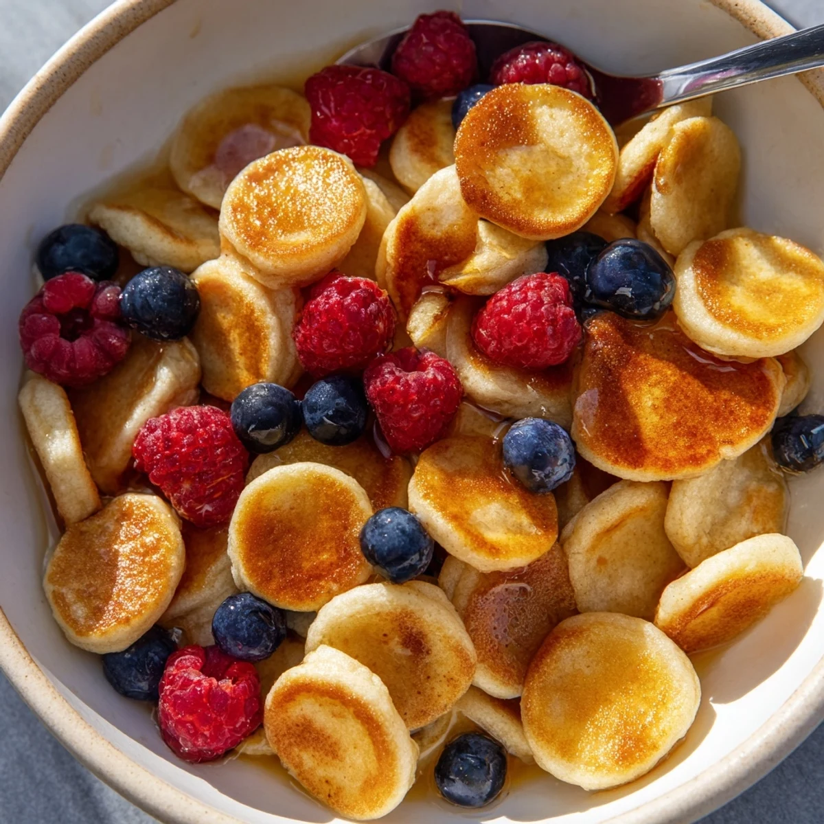 Mini Pancake Cereal in a bowl with syrup and fresh berries for a delightful breakfast.  