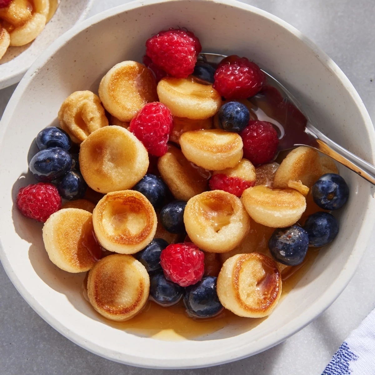 Stack of Mini Pancake Cereal with syrup and fruit, perfect for a cozy morning.