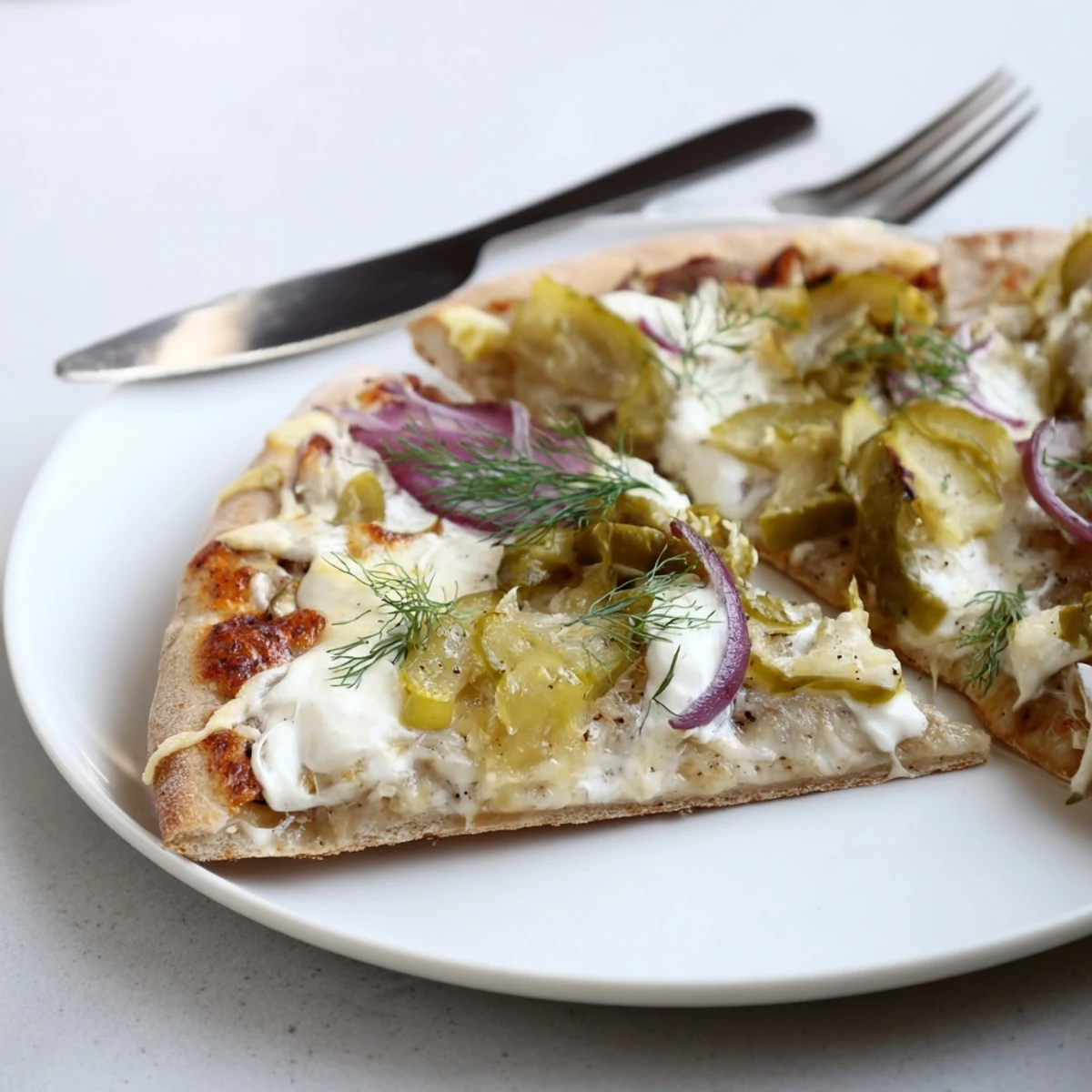 Tangy pickle pizza topped with creamy sauce, mozzarella, and crunchy dill pickles.  