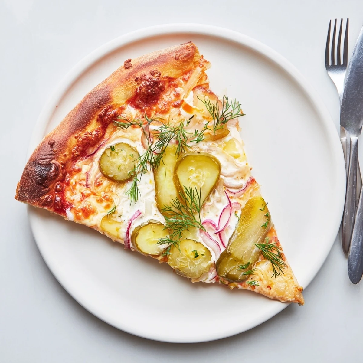 Delectable pickle pizza drizzled with crème fraîche and fresh dill for garnishing.  
