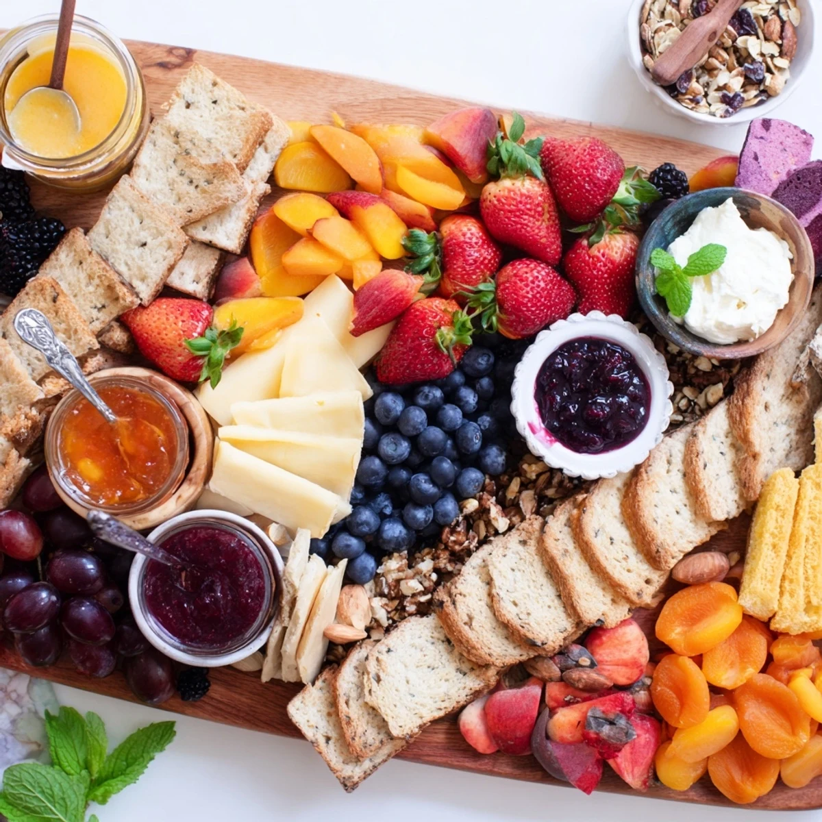 Gourmet jam-infused brunch board featuring vibrant fruits and delicious cheese options.