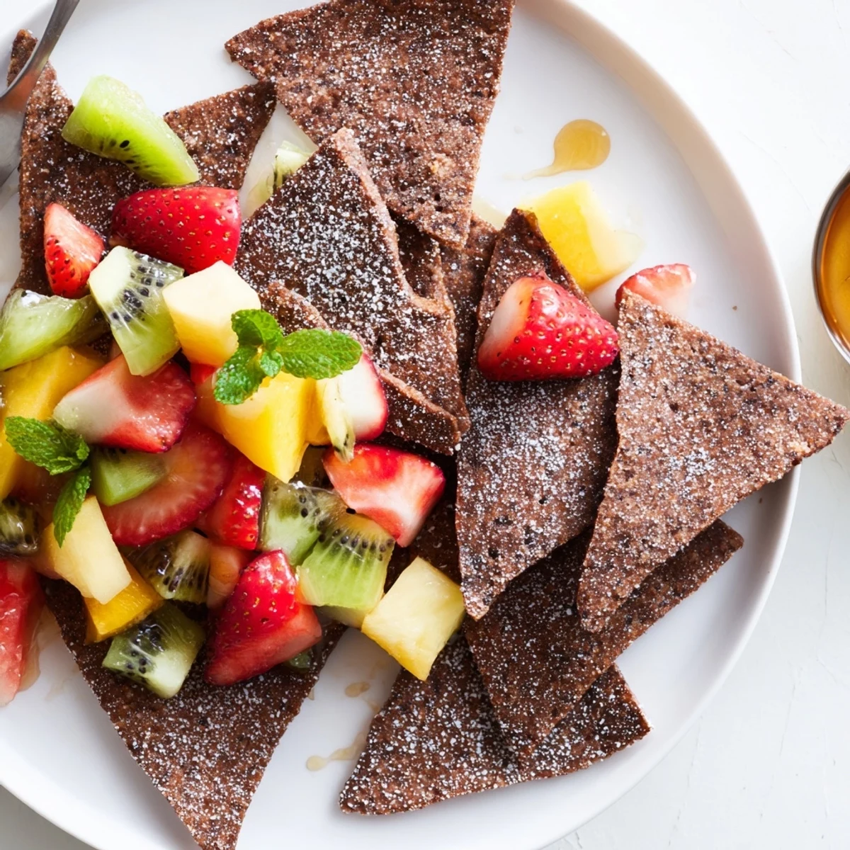 Homemade chocolate dessert chips & salsa paired with fresh fruit for dipping delight.  