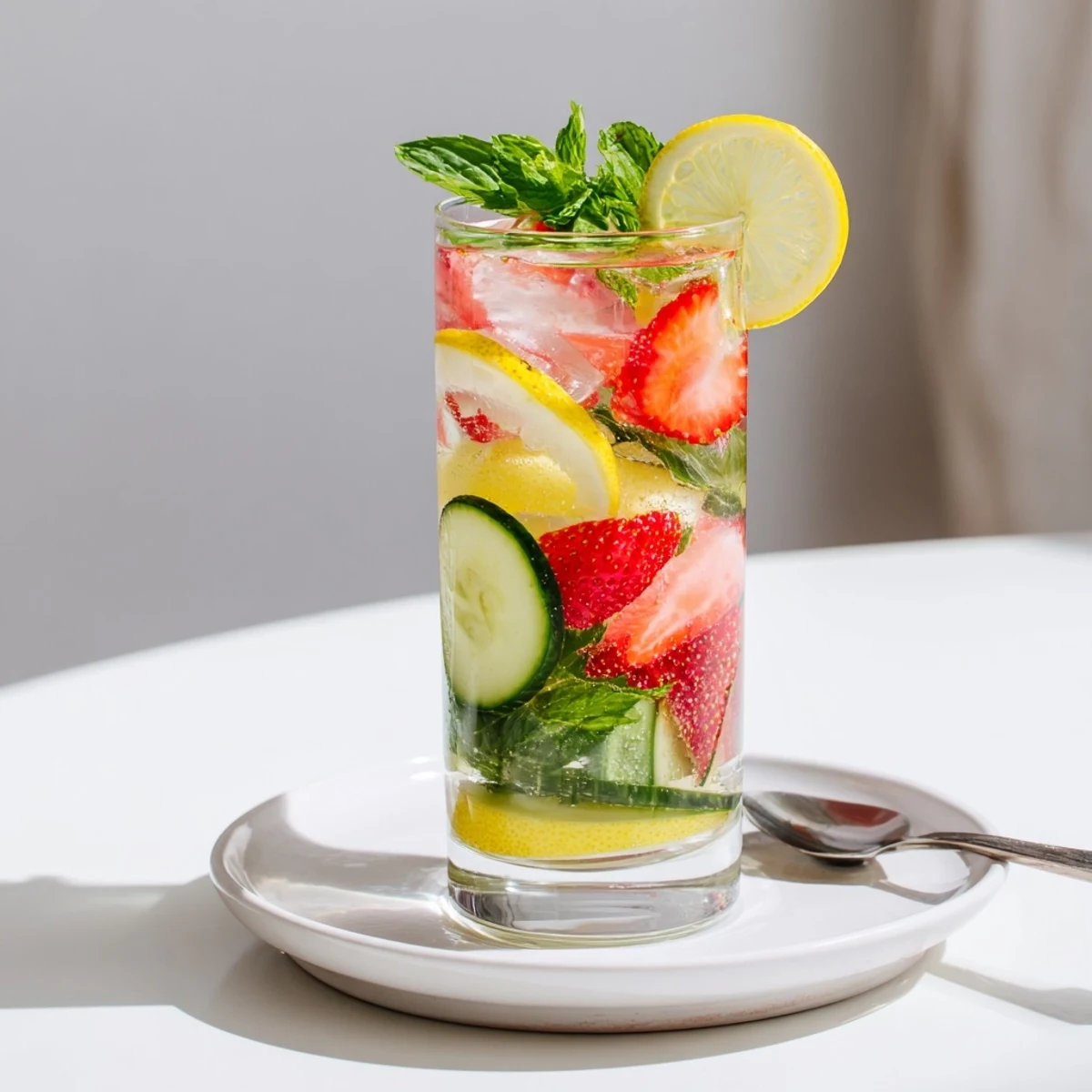 Vibrant mocktails featuring lemon, strawberries, and cucumber for a cool drink.  