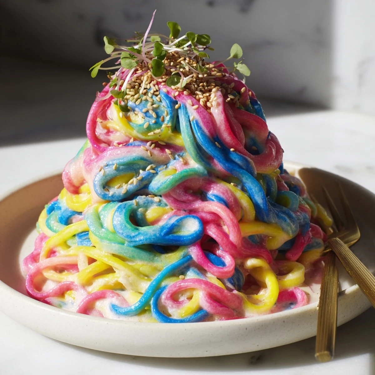 Vibrant Neon Noodle Cloud dish in creamy sauce garnished with fresh scallions.  