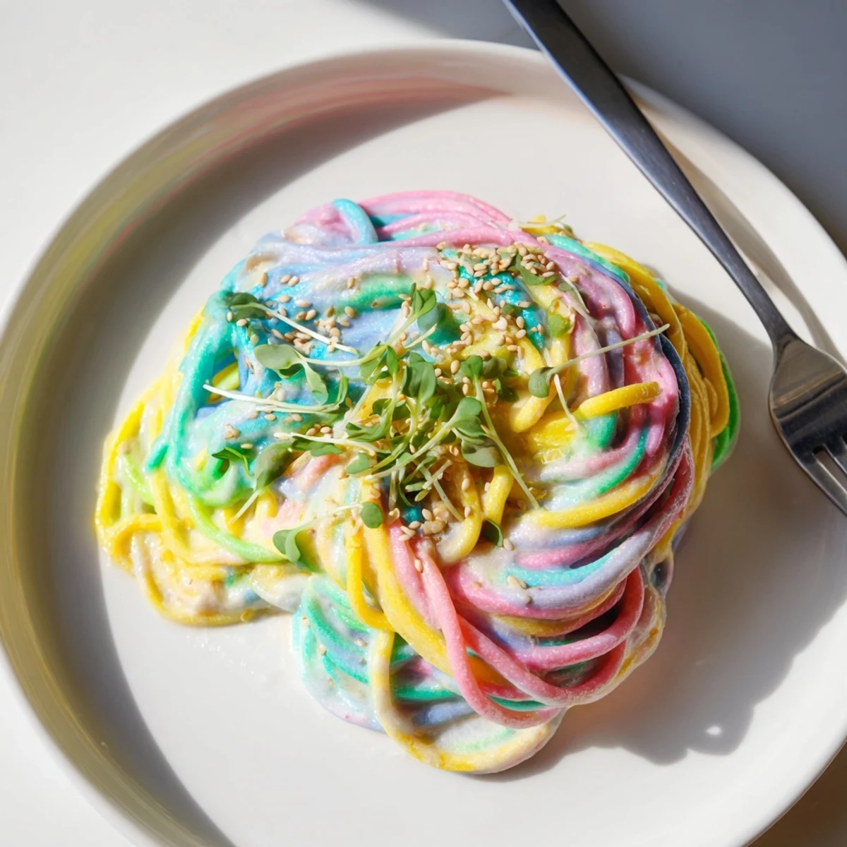 Delicious Neon Noodle Cloud served with edible flowers, perfect for festive gatherings.