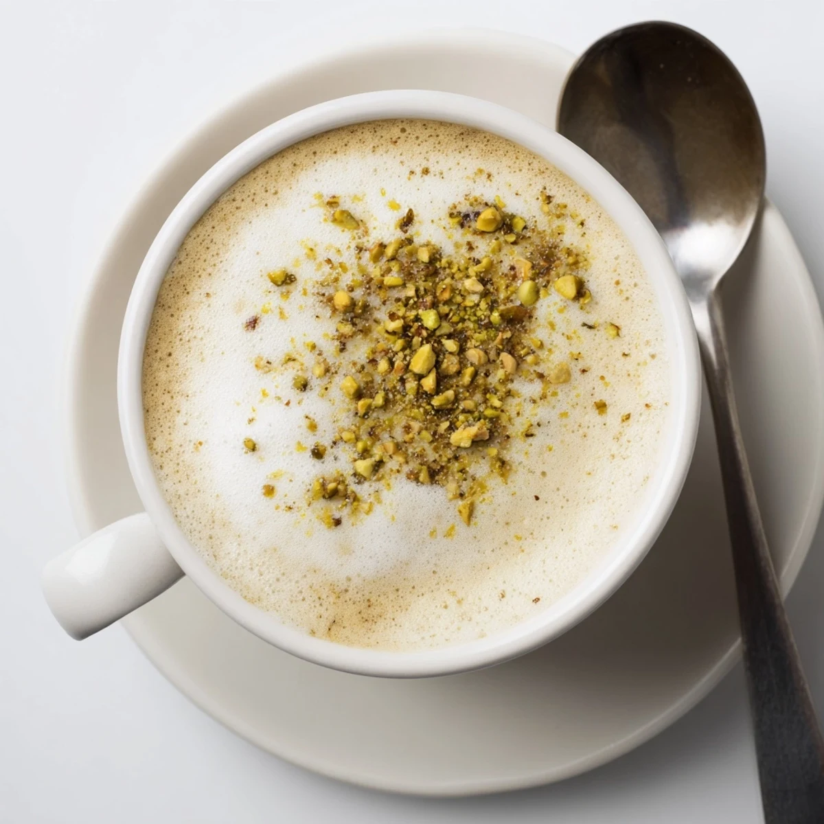 A creamy pistachio milk latte topped with crushed nuts for added texture.  