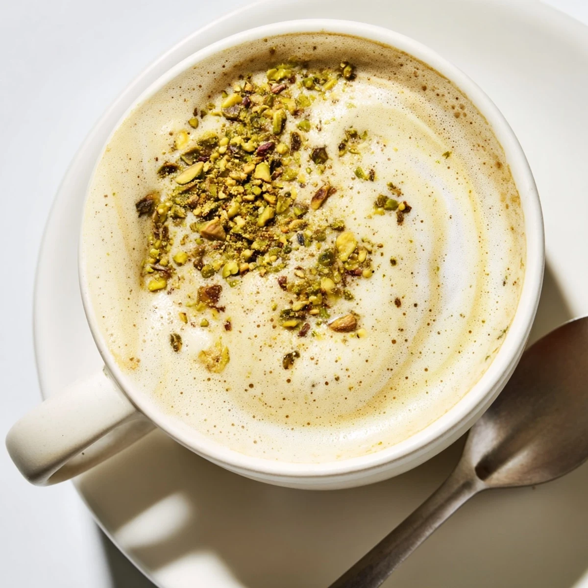 Homemade pistachio milk latte, beautifully frothy and perfect for coffee lovers.  