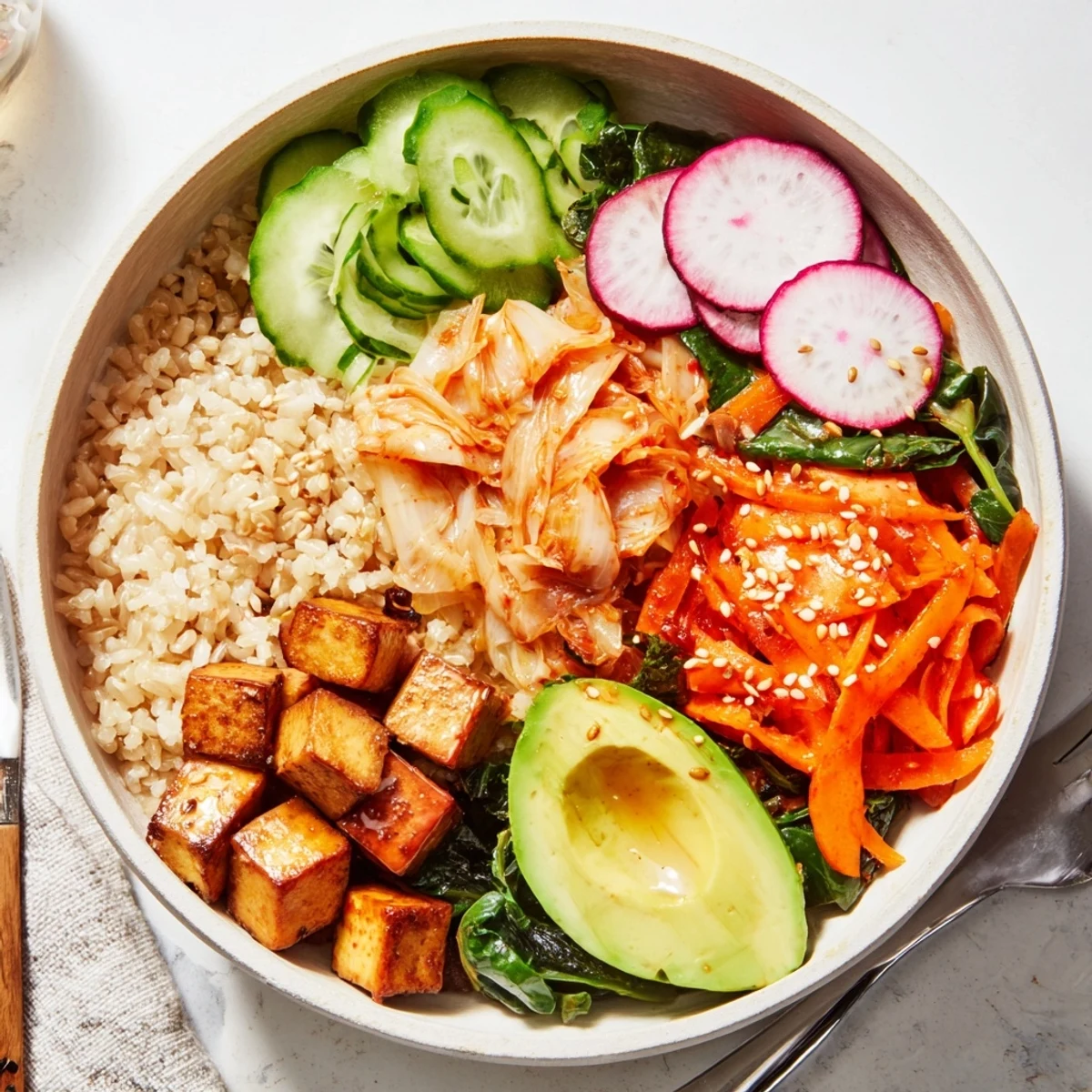 Healthy Fermented Vegetable Bowl bursting with flavors, grains, and vibrant vegetables.  